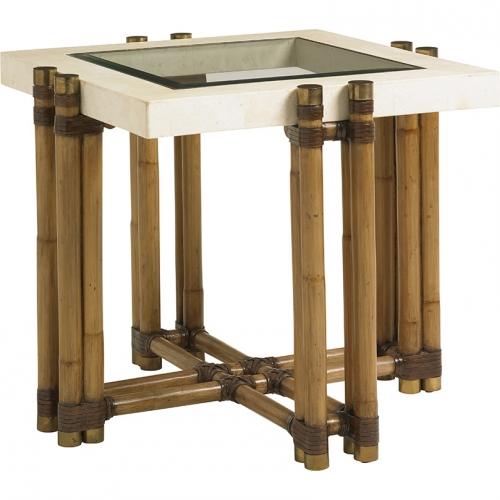 Los Cabos Lamp End Table in White Stone, Glass & Rattan