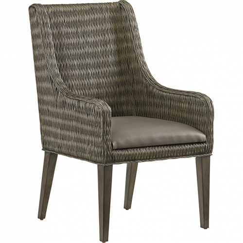 Brandon Dining Arm Chair in Gray Leatherette, Rattan & Wood (Set of 2)