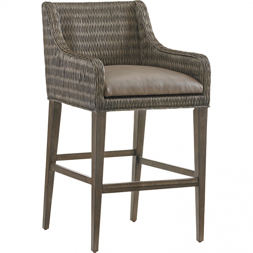 Turner Bar Stool in Gray Leatherette & Gray Woven Rattan