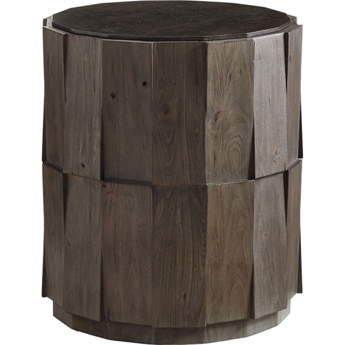 Everett Round End Table in Travertine & Distressed Gray Wood