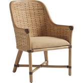 Keeling Dining Arm Chair in Woven Leaf, Rattan & Gold Fabric (Set of 2)