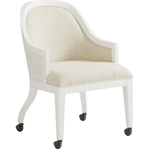 Bayview Dining Arm Chair in White Wood, Rattan & Sand White Fabric w/ Casters (Set of 2)