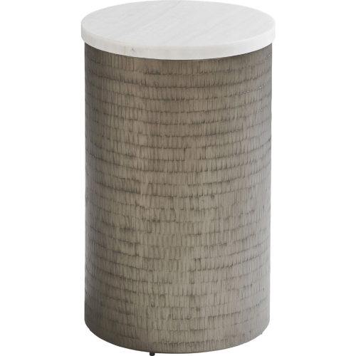 Turnberry Round End Table in White Marble & Hammered Pewter