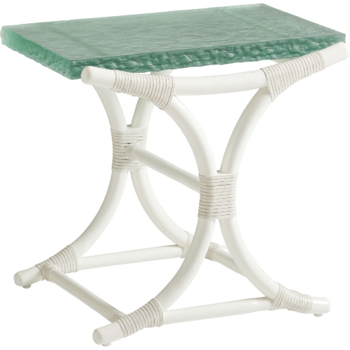 Dania End Table in Seaglass Green Glass & Shell White Rattan