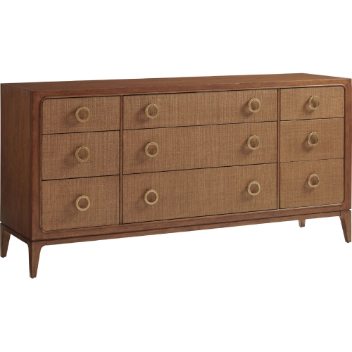 Paxton 9 Drawer Triple Dresser in Sierra Tan Wood & Raffia