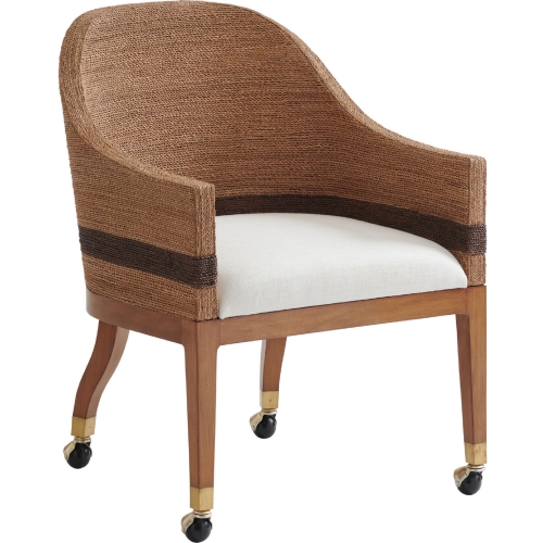 Dorian Dining Arm Chair w/ Casters in Tan Wood, Lampakanai & Fabric (Set of 2)