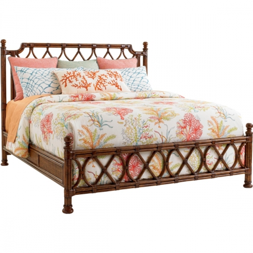 Island Breeze Headboard Only w/ Leather Wrapped Bent Rattan Panels in Carribean Sunset Finish (Queen