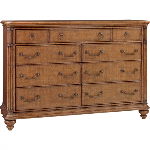 Breakers 62" Double Dresser w/ Woven Raffia Drawer Fronts & Bamboo Carved Posts