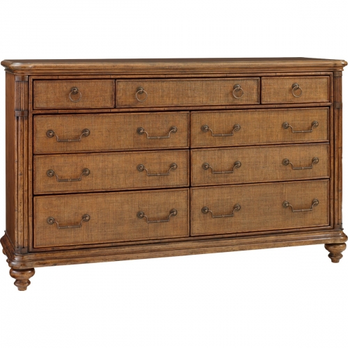 Costa Sera 68" Triple Dresser w/ Woven Raffia Drawer Fronts & Bamboo Carved Posts