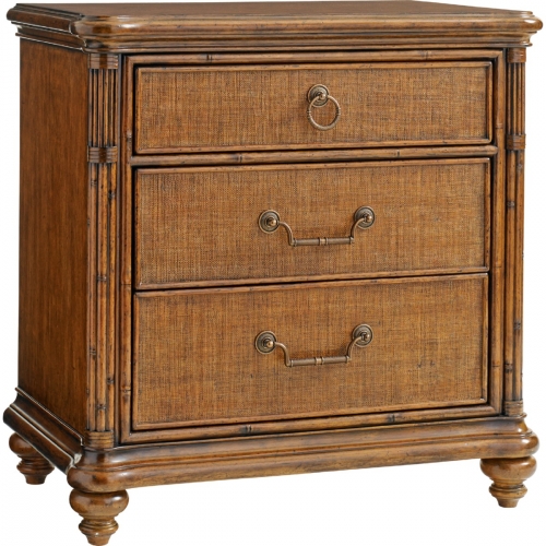 Sojourn Nightstand w/ Woven Raffia Drawer Fronts & Carved Bamboo Posts