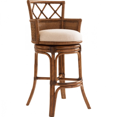 Kamala Bay Swivel Bar Stool w/ Herringbone Pattern Rattan Back & Sailcloth Fabric Seat