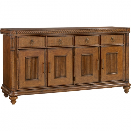 Trident Buffet w/ Woven Raffia Drawer Fronts & Wood Framed Rattan Doors