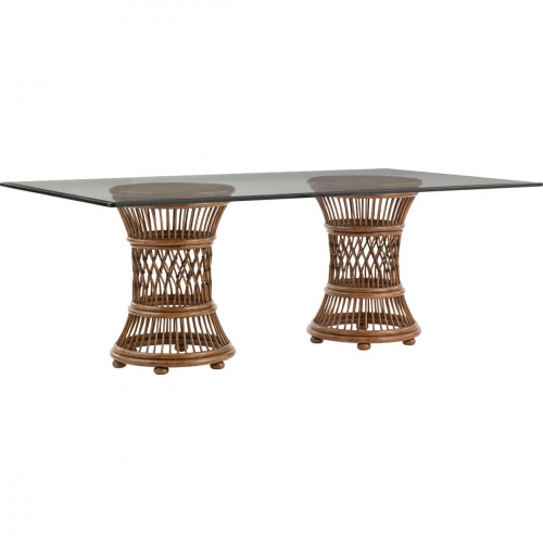 Aruba 84" Dining Table w/ Two Leather Wrapped Rattan Bases & Glass Top