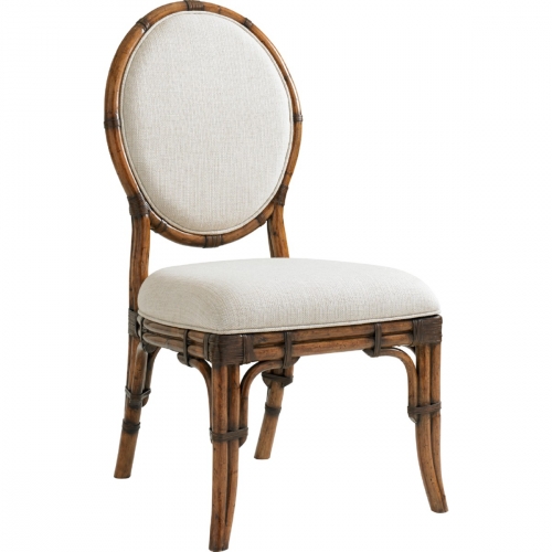 Gulfstream Oval Back Dining Chair w/ Leather Wrapped Bent Rattan Back & Sailcloth Fabric