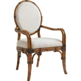 Gulfstream Oval Back Arm Dining Chair w/ Leather Wrapped Bent Rattan Back & Sailcloth Fabric