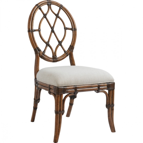 Cedar Key Oval Back Side Dining Chair with Leather Wrapped Bent Rattan Back & Sailcloth Seat