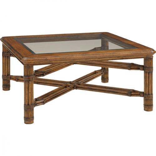 Capri Square Cocktail Table w/ Wood Framed Glass Top on Leather Wrapped Reeded Legs