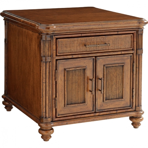 Mariner Storage End Table w/ Woven Raffia Drawer Front & Framed Pencil Rattan Doors