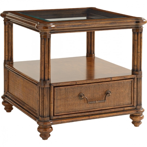 Bimini Square End Table w/ Wood Framed Glass Top & Bamboo Carved Posts