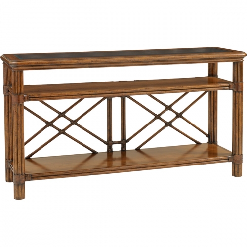 Islander Console With Glass Top w/ Framed Glass Top on Leather Wrapped Reeded Legs