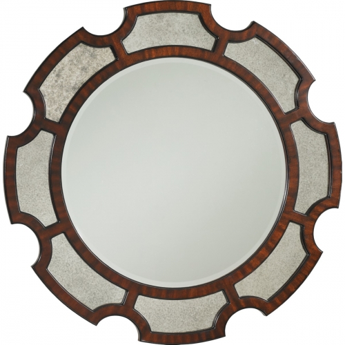 Del Mar Round Mirror w/ Radial Ribbon Stipe Mahogany Veneer & Antiqued Mirror