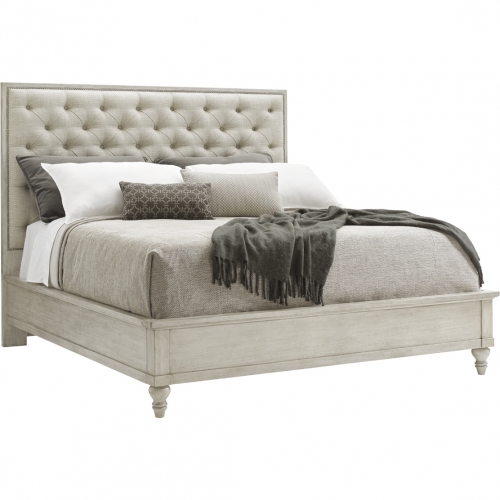 Sag Harbor Queen Bed in Oyster Shell Wood & Gray Ivory Fabric