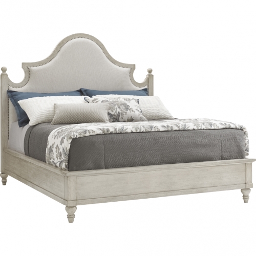 Arbor Hills CA King Bed in Oyster Shell Wood & Gray Ivory Fabric