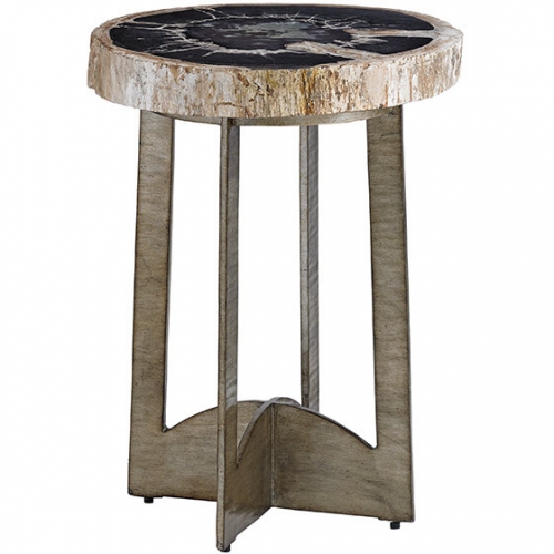 Cross Creek Accent Table in Petrified Wood & Silver Leaf Metal