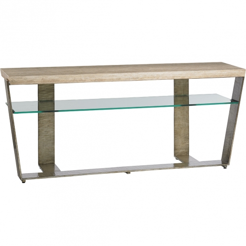 Griffith Park Console Table in Silver Travertine, Silver Leaf Metal & Glass