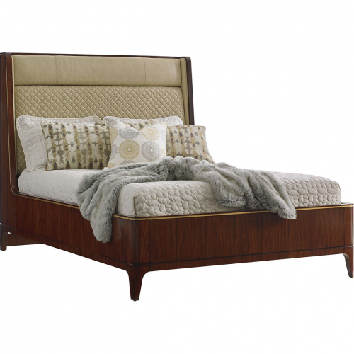 Empire Queen Platform Bed in Rosewood, Gold & Quilted Ivory Leather