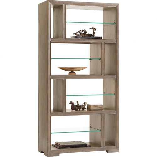 Windsor Open Bookcase in Taupe Gray Wood & Glass