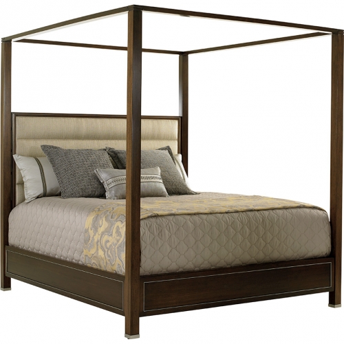 Terranea Poster Queen Bed in Mocha Walnut, Stainless & Wheat Fabric