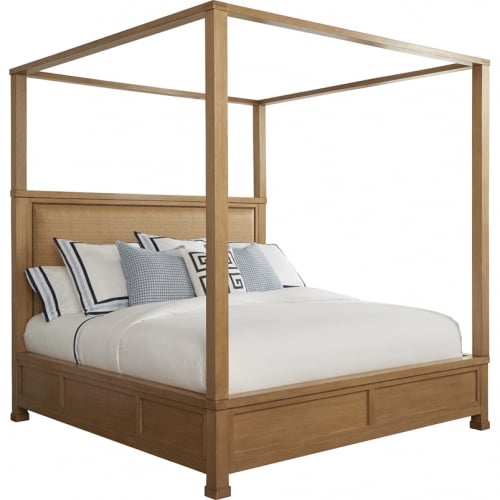 Shorecliff Canopy CA King Bed in Sandstone Wood & Raffia Fabric