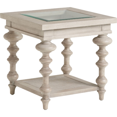 Castlerock End Table in Taupe Wood, Cane & Glass