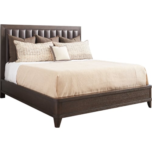 Talisker Queen Bed in Vertical Channel Tufted Brown Leather & Wood