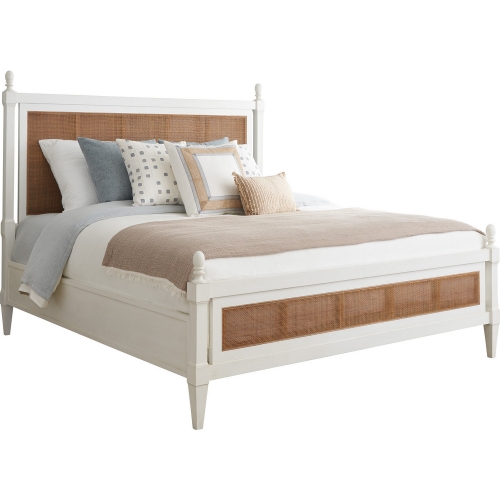 Strand Poster Queen Bed in Linen White Finish & Cane