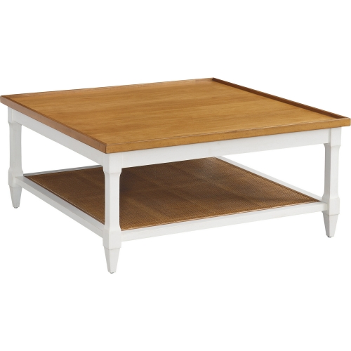 Temple Sq Cocktail Coffee Table in Nutmeg Brown, Linen White & Cane