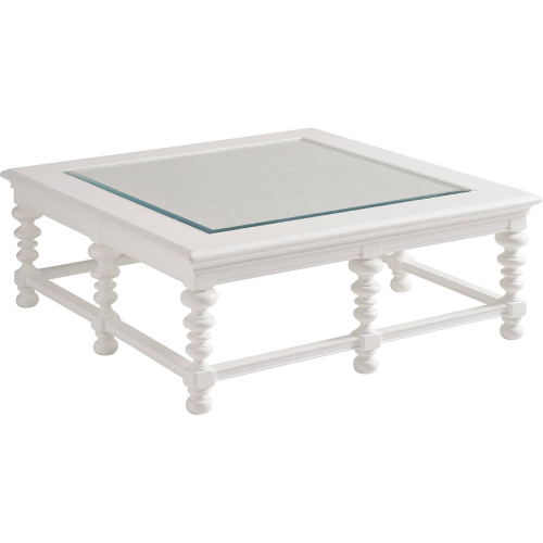 Cyprus Square Cocktail Coffee Table in White Finish Wood, Cane & Glass