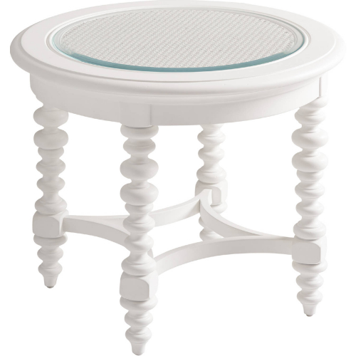 Cyprus Round End Table in White Finish Wood, Cane & Glass