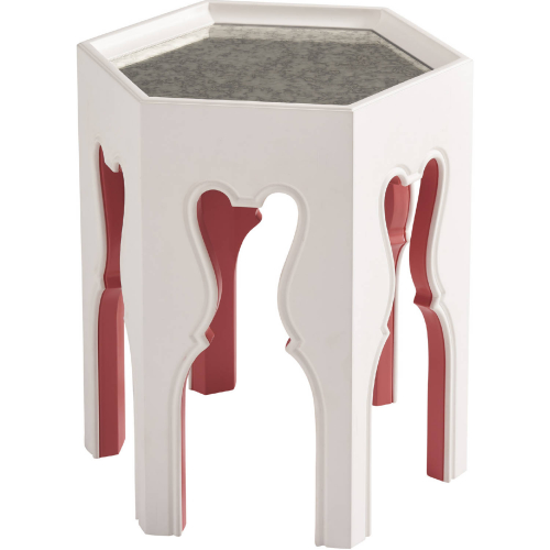 Bilbao Hexagonal End Table in White Finish Wood, Coral & Antique Mirror