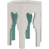 Bilbao Hexagonal End Table in White Finish Wood, Teal & Antique Mirror