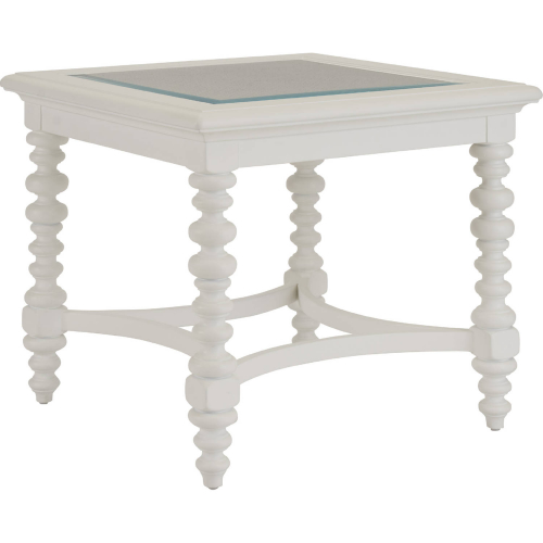 Cyprus Square End Table in White Finish Wood, Cane & Tempered Glass