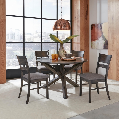 Anglewood 5 Piece Pedestal Dining Set in Gray Linen & Brown Wood