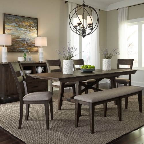 Double Bridge 6 Piece Trestle Dining Set in Chestnut Brown