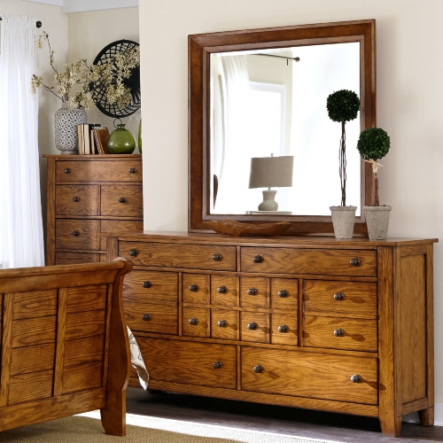 Grandpas Cabin Dresser & Mirror in Aged Oak Finish