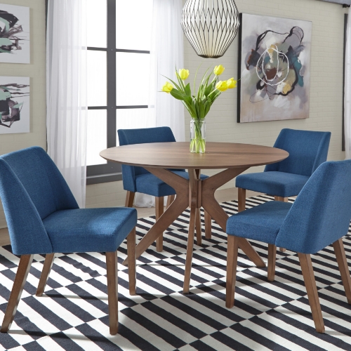 Space Savers 5 Piece Pedestal Dining Set in Walnut & Blue