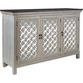 Westridge 3 Door Accent Cabinet in Brushed White Gray, Mirror & Wood