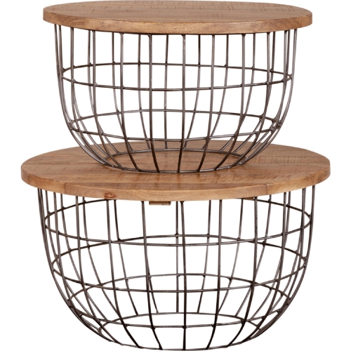 Akins Nesting Caged Coffee Tables in Weathered Honey Wood & Pewter