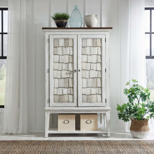 River Place Bar Cabinet in Distressed Riverstone White & Tobacco Brown Finish