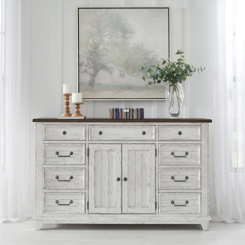 River Place 2 Door 9 Drawer Dresser in Distressed White & Tobacco Brown Finish